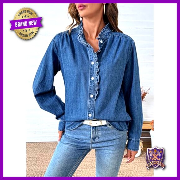 Denim Button Down Shirt Long Sleeve Ruffled Edge Casual Blouse - Picture 2 of 7